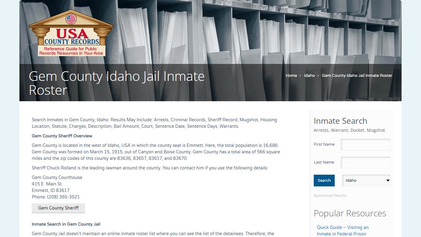 Gem County Idaho Jail Inmate Roster | Name Search