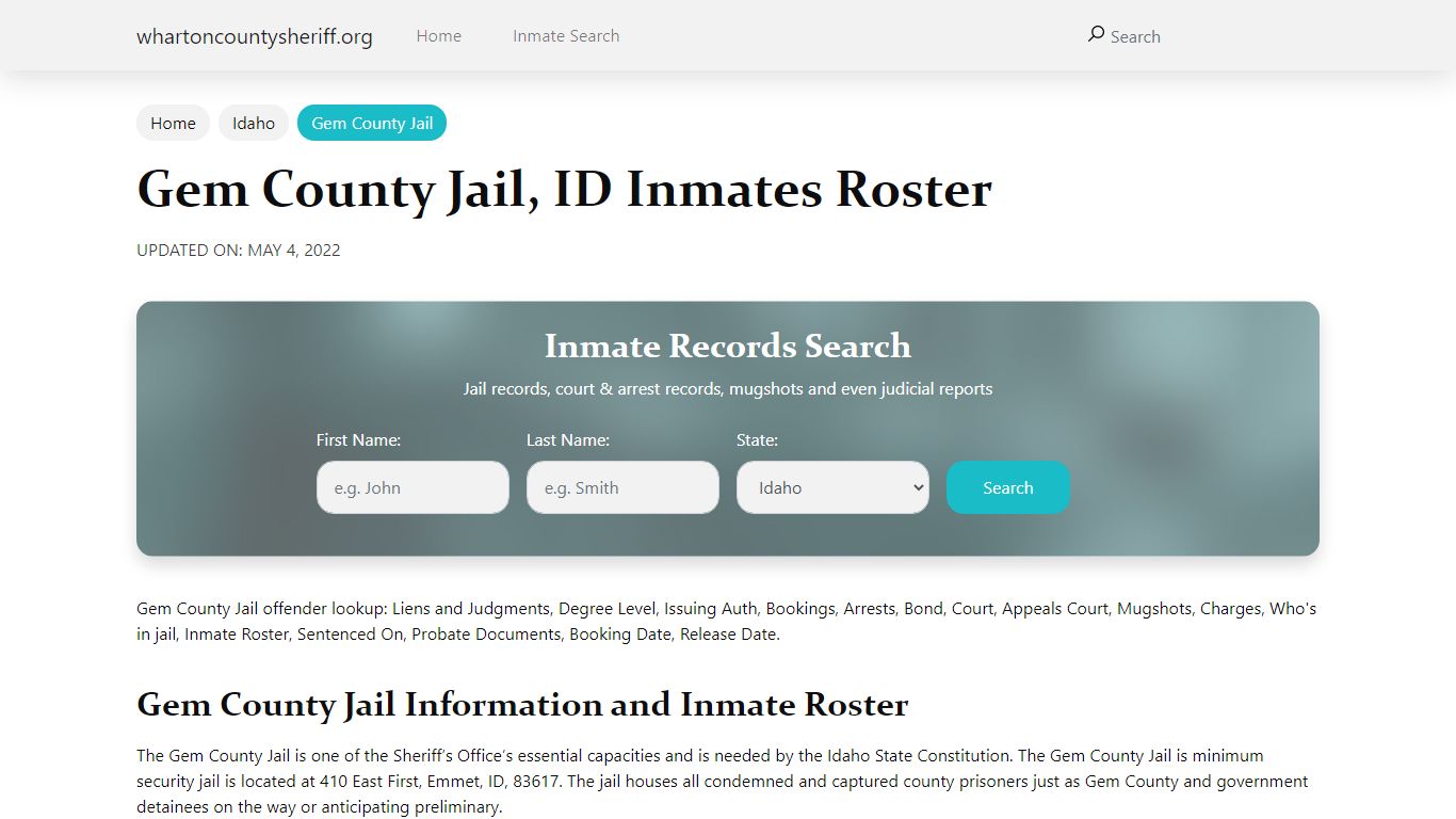 Gem County Jail, ID Jail Roster, Name Search